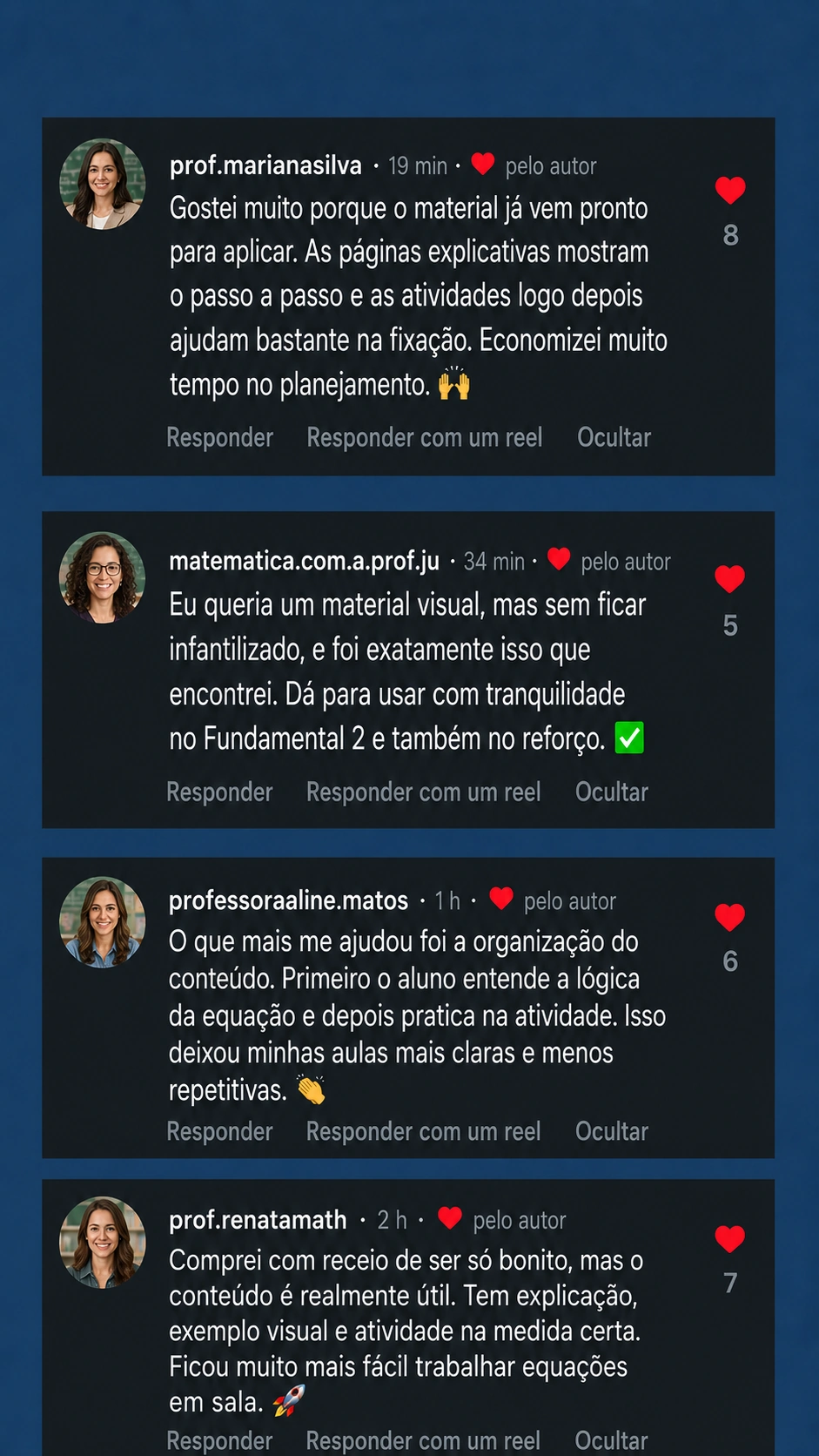 Depoimento em comentários sobre o material Equações Visuais
