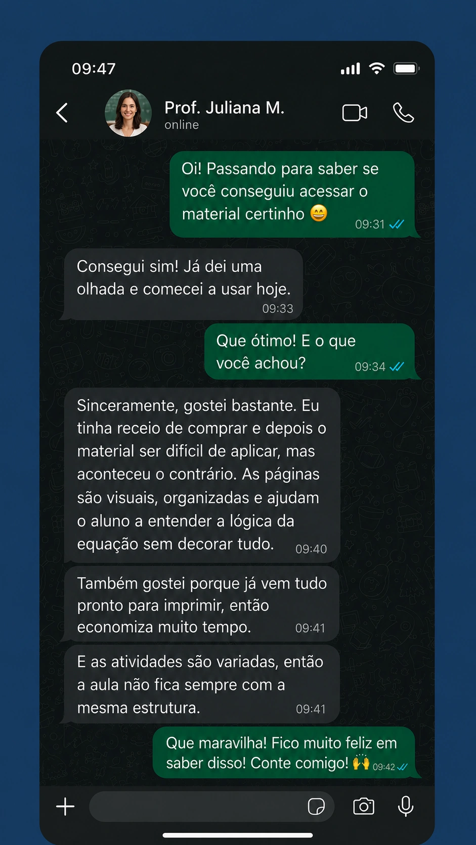 Depoimento em conversa de aplicativo sobre o material Equações Visuais